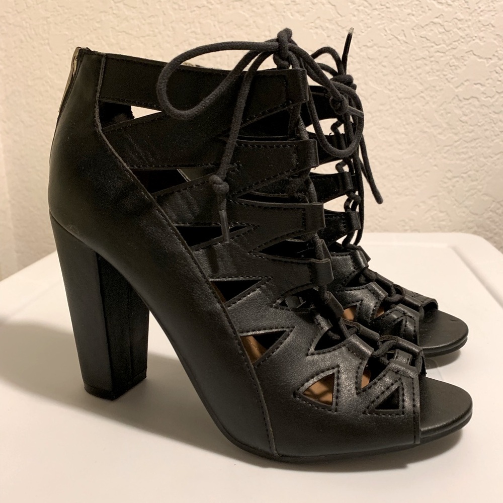 Black High Heels with Front Tie Up and Back Zip Up